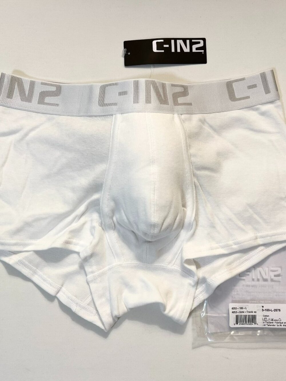 "C-IN2" Size Large Cotton Low-Rise Core Boxer Brief "Smooth Leg"  - White/Gray